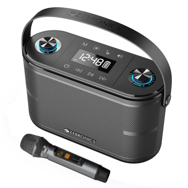ZEBRONICS PROTONE ONE, Portable Bluetooth Speaker, 120W, 8h Playback, Wireless UHF MIC with Display & Controls, Karaoke, Recorder, Carry Strap, BT v5.0 | TWS | USB | mSD | AUX | 6.3mm Guitar & MIC